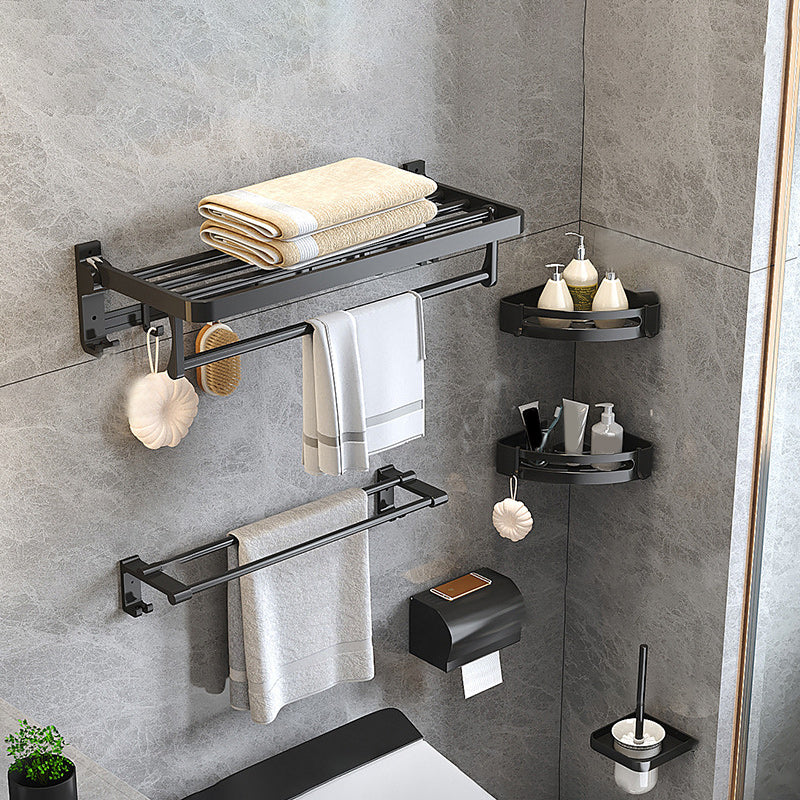 Modern Matte Black Bathroom Accessory Set with Bath Shelf/Robe Hooks/Towel Bar