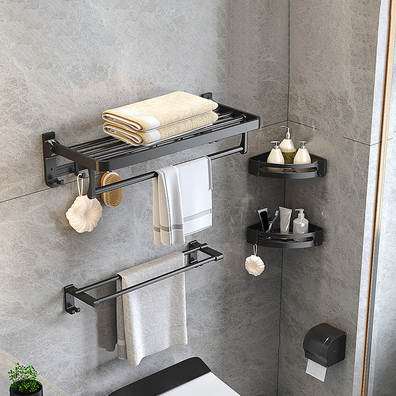 Modern Matte Black Bathroom Accessory Set with Bath Shelf/Robe Hooks/Towel Bar