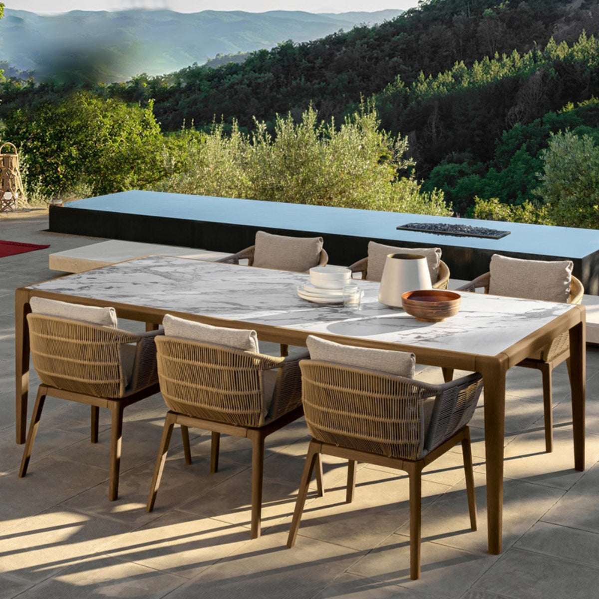 Boho Style Dining Set Stone Rectangular 1/7 Pieces Dining Set with Wood Base