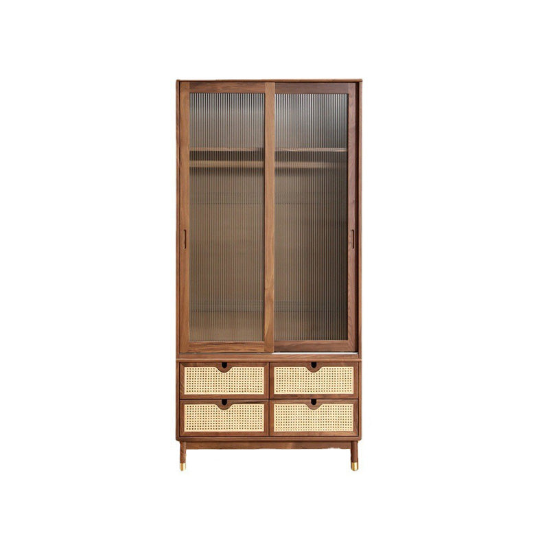 Modern Solid Wood Wardrobe Cabinet 2 Sliding Doors Sliding with Drawer