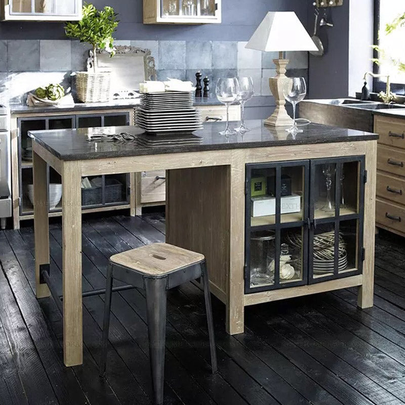 Modern Kitchen Island Table with Storage Cabinet Pine Wood Prep Table