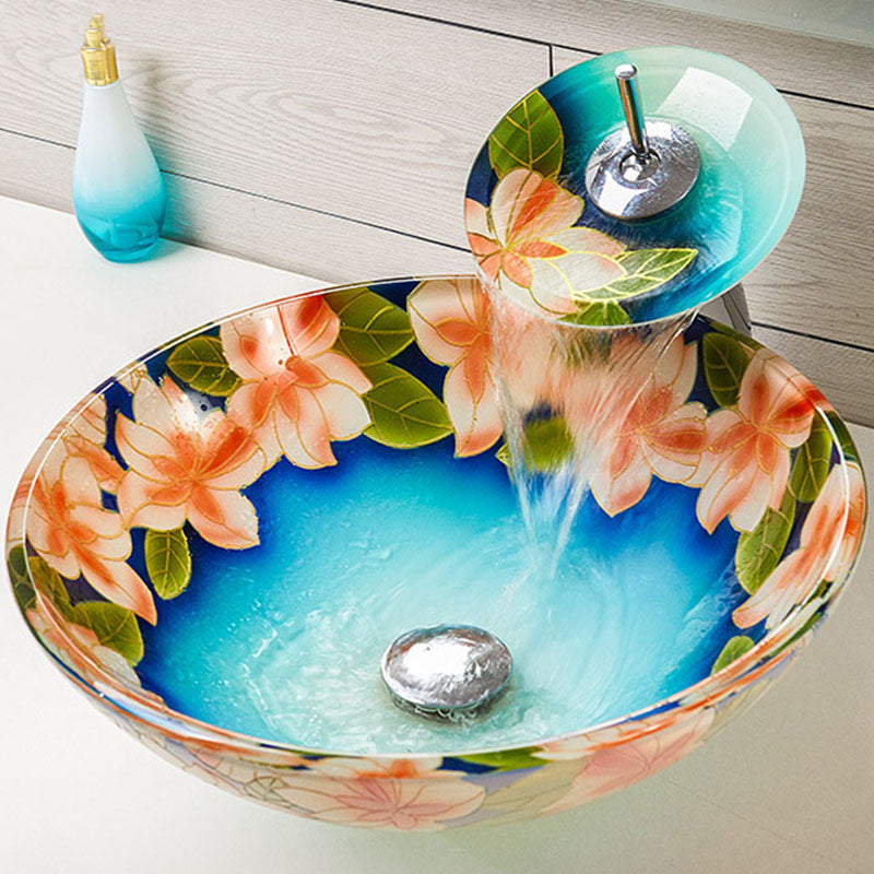 Tempered Glass Bathroom Sink Contemporary Trough Bathroom Sink with Round Shape
