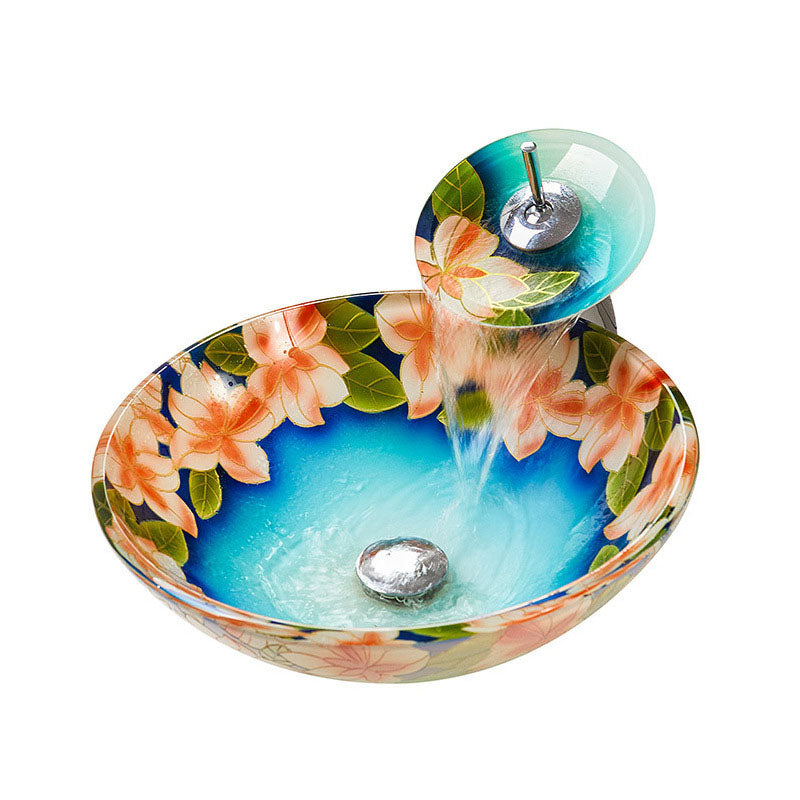Tempered Glass Bathroom Sink Contemporary Trough Bathroom Sink with Round Shape