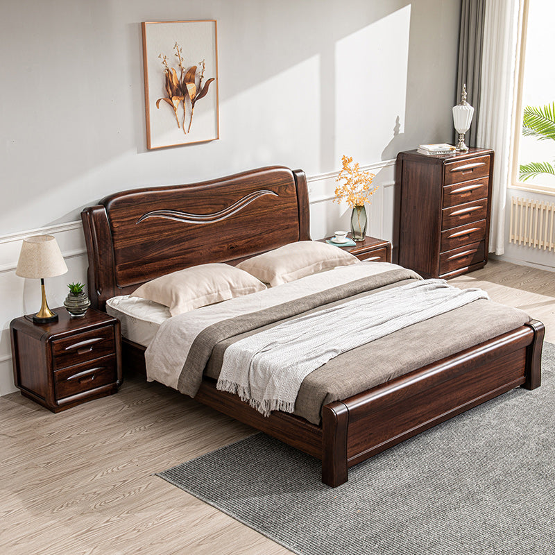 Solid Wood Walnut Standard Bed Lift Up Storage Bed Frame with Footboard