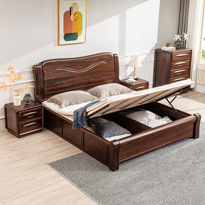 Solid Wood Walnut Standard Bed Lift Up Storage Bed Frame with Footboard