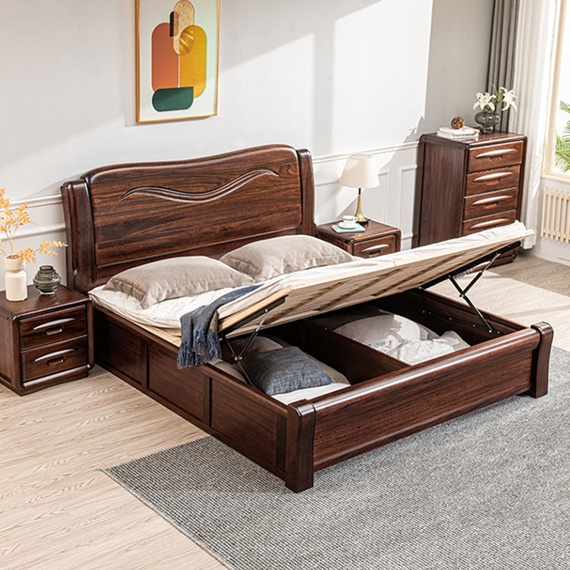 Solid Wood Walnut Standard Bed Lift Up Storage Bed Frame with Footboard