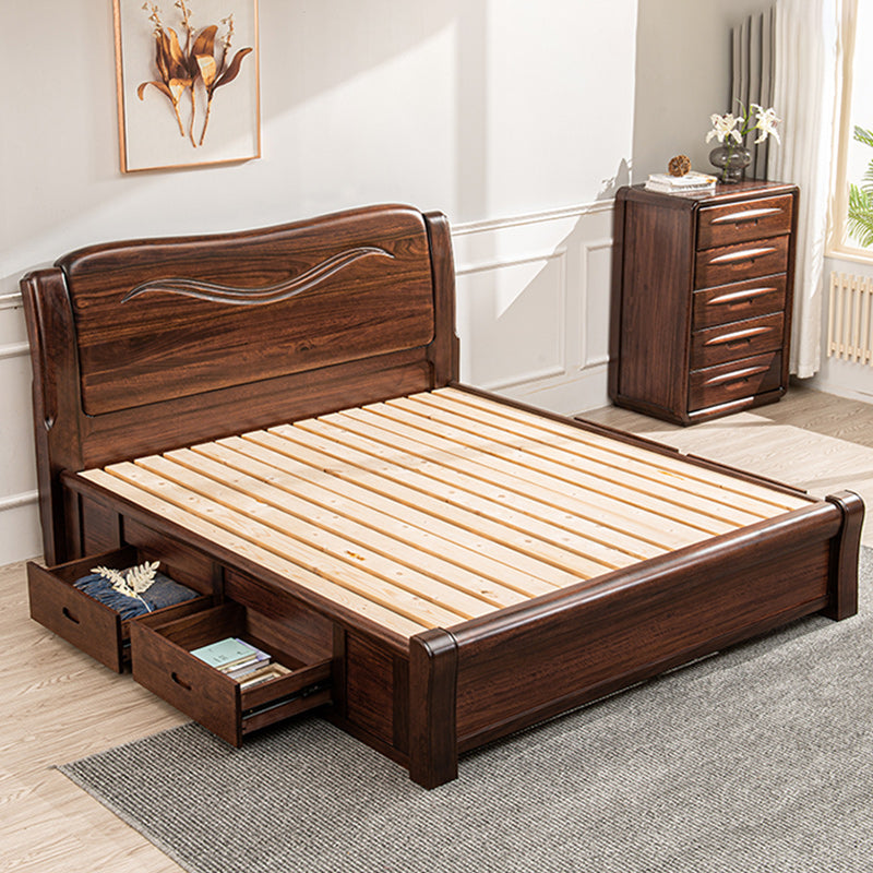 Solid Wood Walnut Standard Bed Lift Up Storage Bed Frame with Footboard