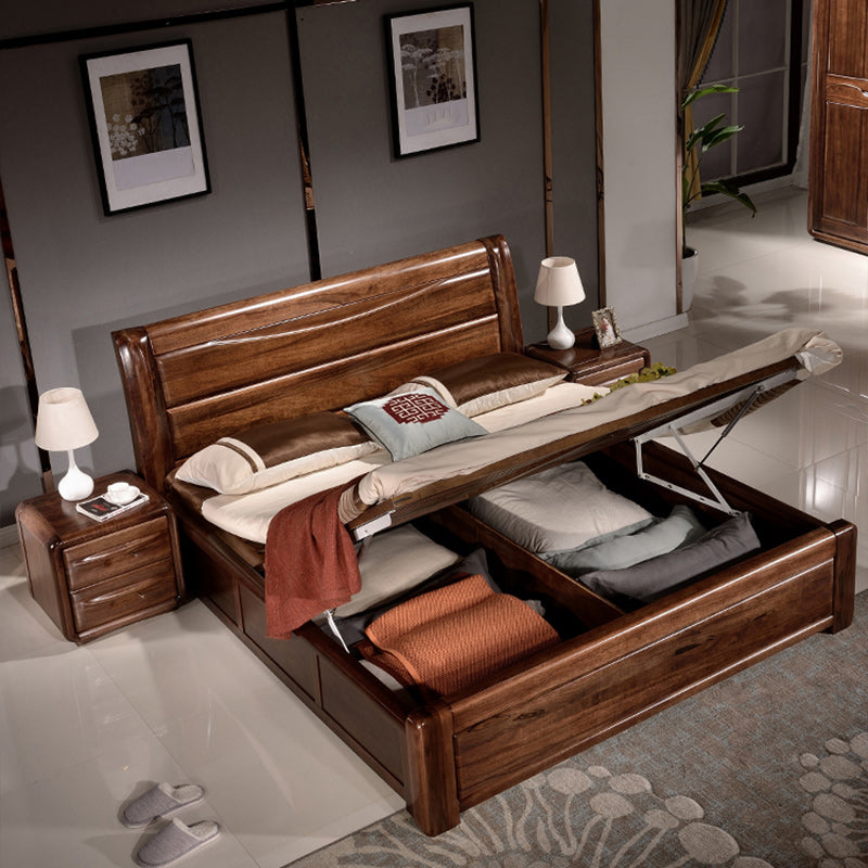 Solid Wood Walnut Standard Bed Lift Up Storage Bed Frame with Headboard