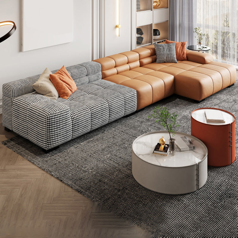 Modern Leather and Fabric Sectional Square Arm Sectional with Pillows