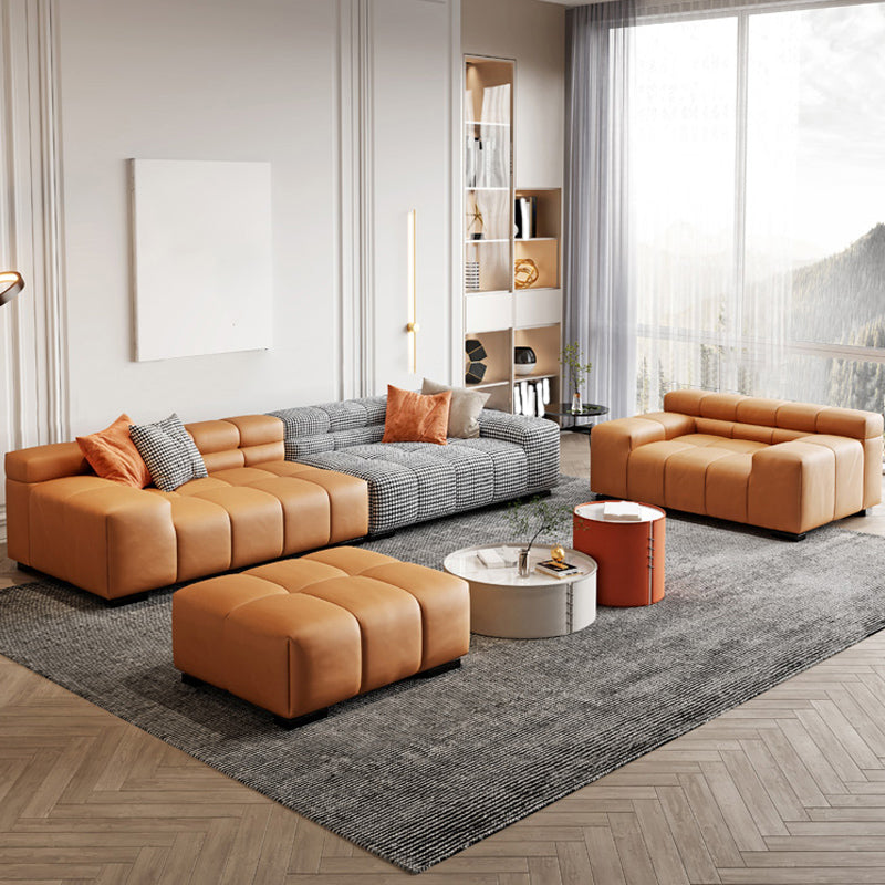 Modern Leather and Fabric Sectional Square Arm Sectional with Pillows