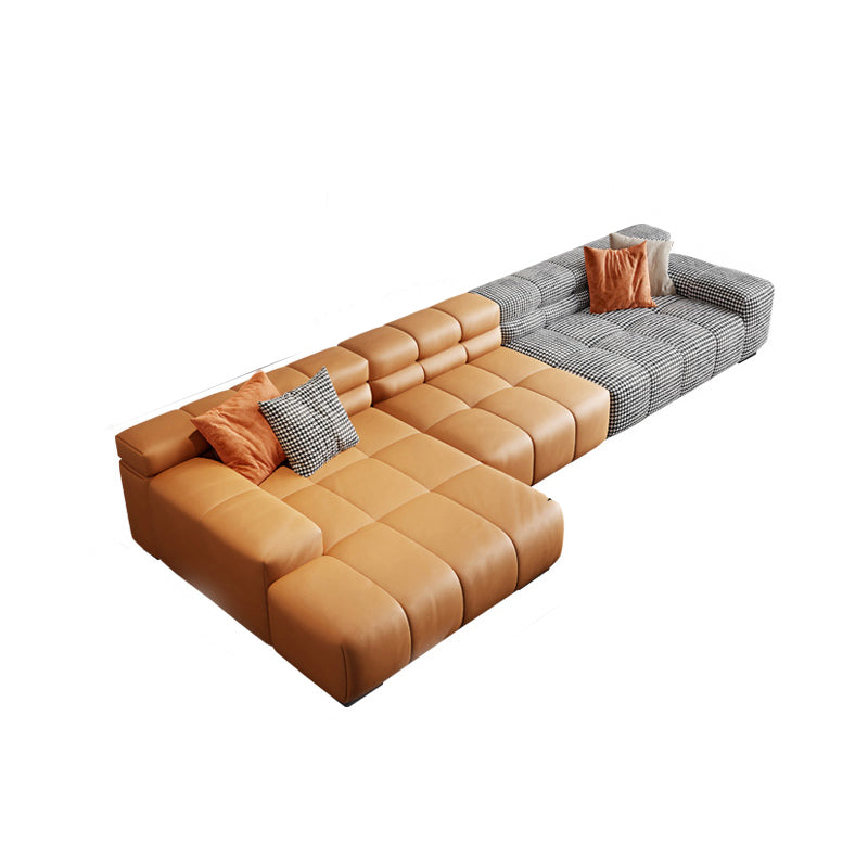 Modern Leather and Fabric Sectional Square Arm Sectional with Pillows