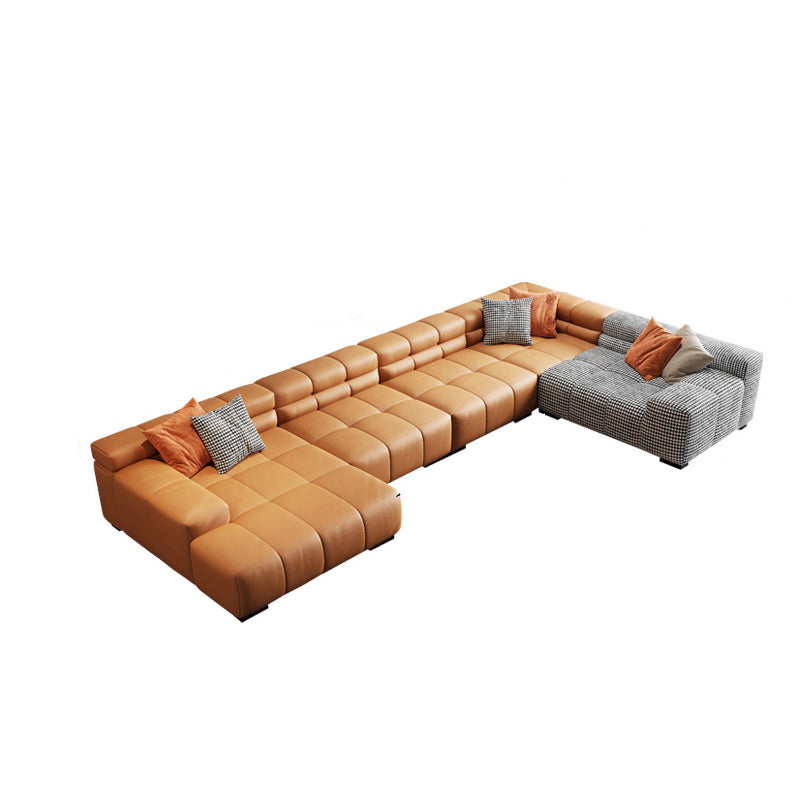 Modern Leather and Fabric Sectional Square Arm Sectional with Pillows