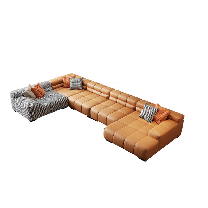 Modern Leather and Fabric Sectional Square Arm Sectional with Pillows