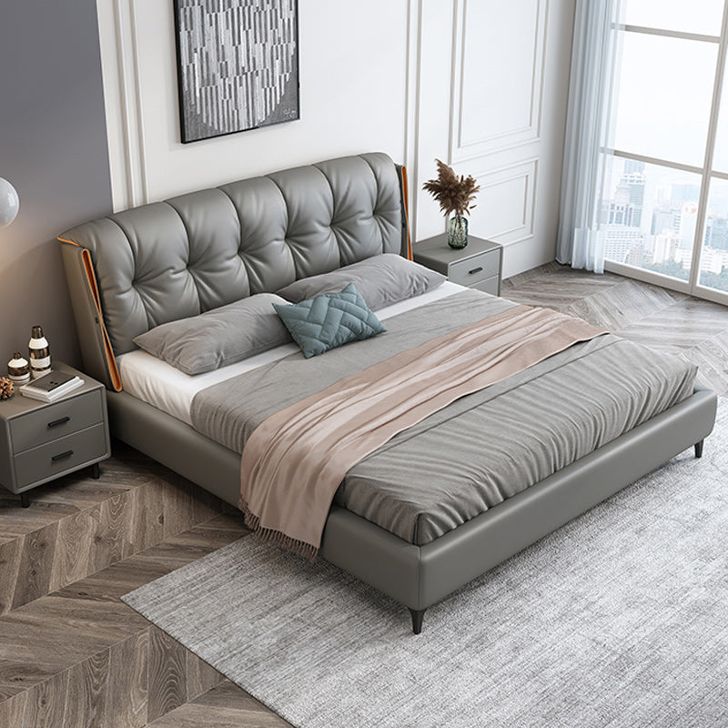 Contemporary Grey Standard Bed with Upholstered Headboard in Solid Wood