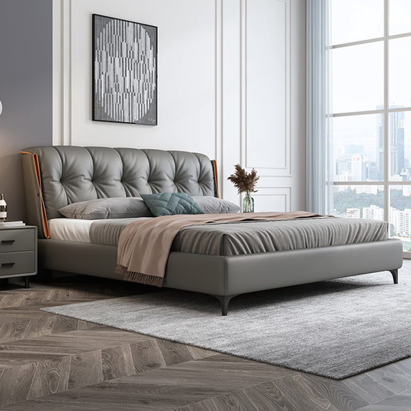 Contemporary Grey Standard Bed with Upholstered Headboard in Solid Wood