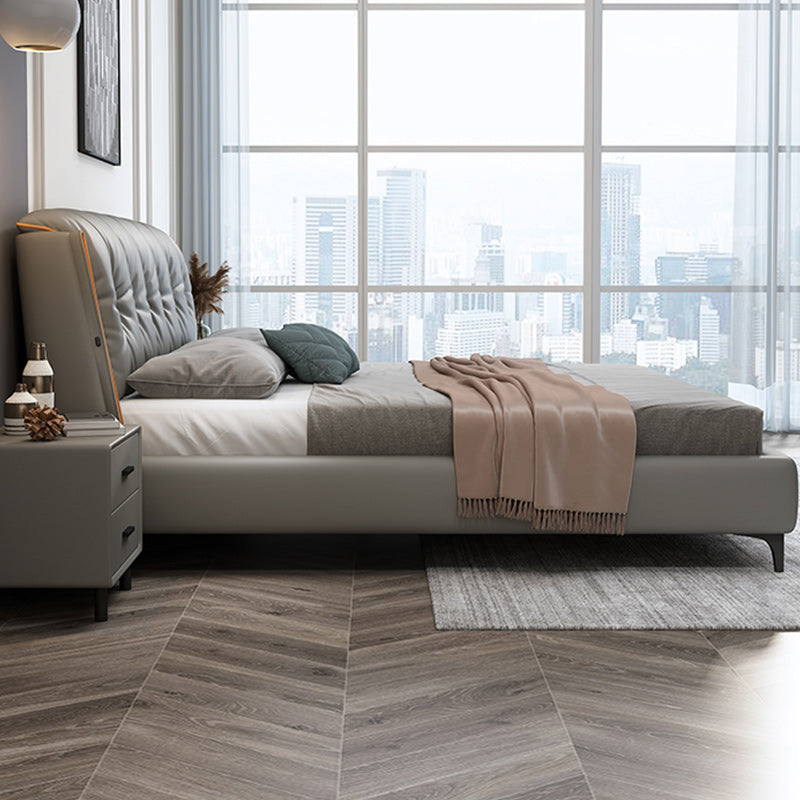 Contemporary Grey Standard Bed with Upholstered Headboard in Solid Wood