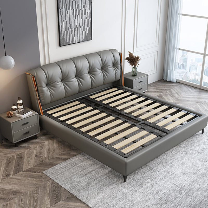 Contemporary Grey Standard Bed with Upholstered Headboard in Solid Wood