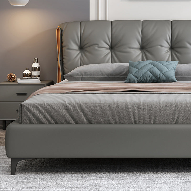 Contemporary Grey Standard Bed with Upholstered Headboard in Solid Wood