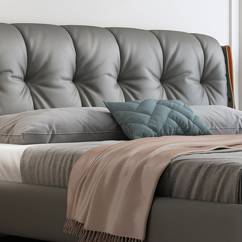 Contemporary Grey Standard Bed with Upholstered Headboard in Solid Wood