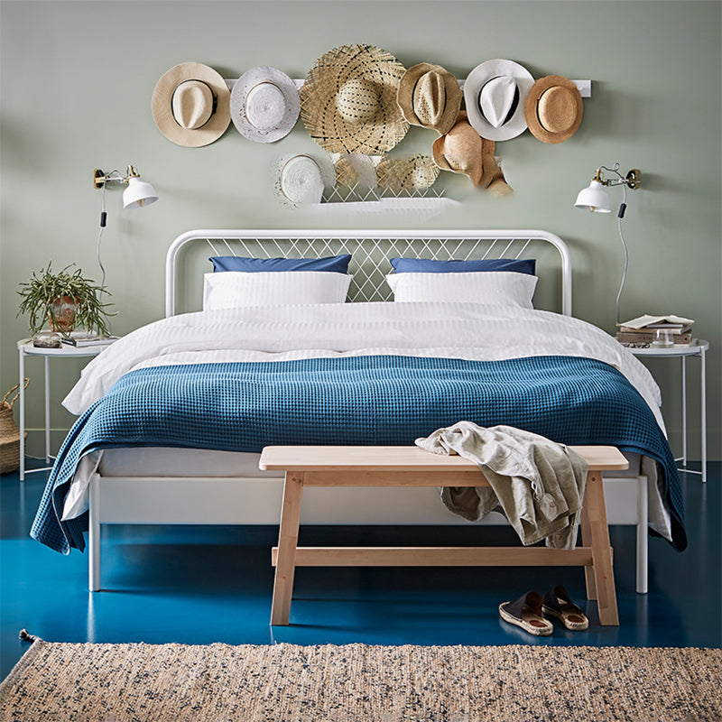 White Metal Panel Bed Glam Standard Bed with Open-Frame Headboard