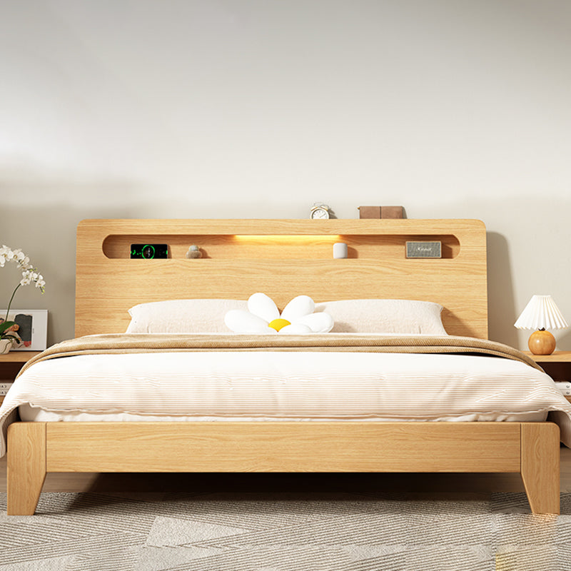 Natural Solid Wood Panel Bed with Headboard Standard Bed with Shelves