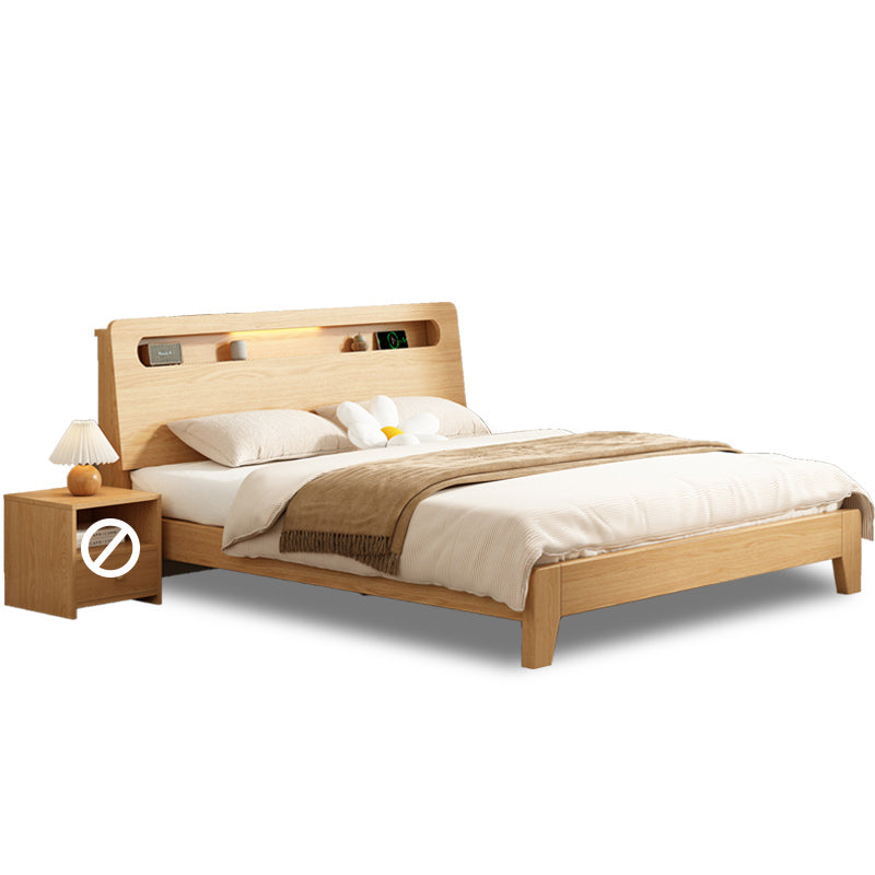 Natural Solid Wood Panel Bed with Headboard Standard Bed with Shelves