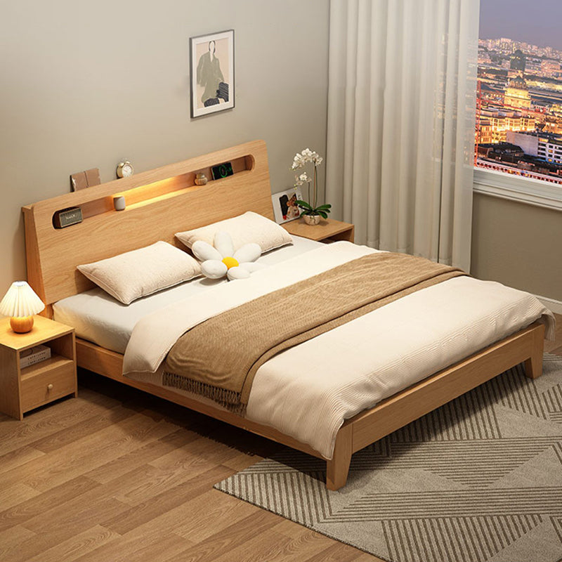 Natural Solid Wood Panel Bed with Headboard Standard Bed with Shelves