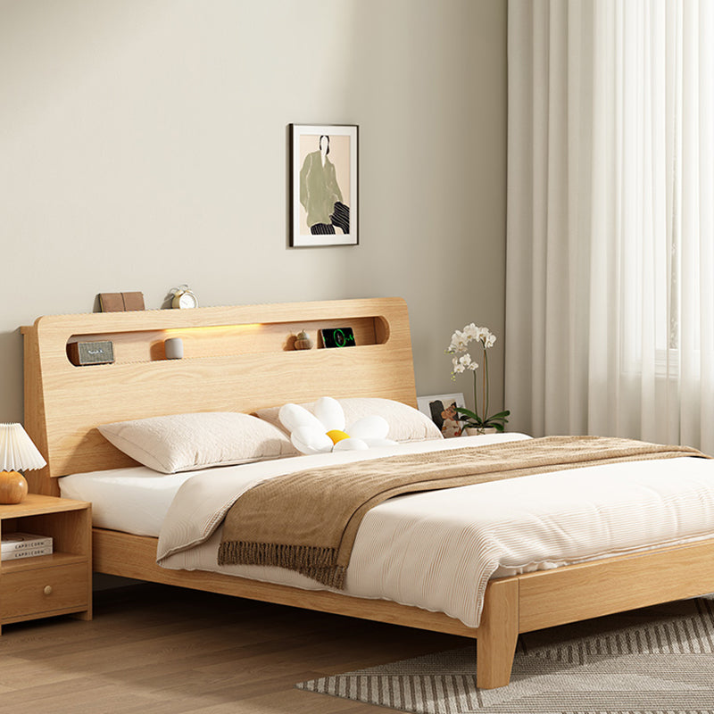 Natural Solid Wood Panel Bed with Headboard Standard Bed with Shelves