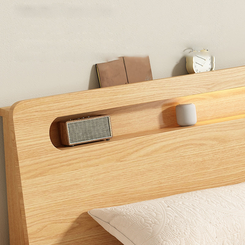 Natural Solid Wood Panel Bed with Headboard Standard Bed with Shelves