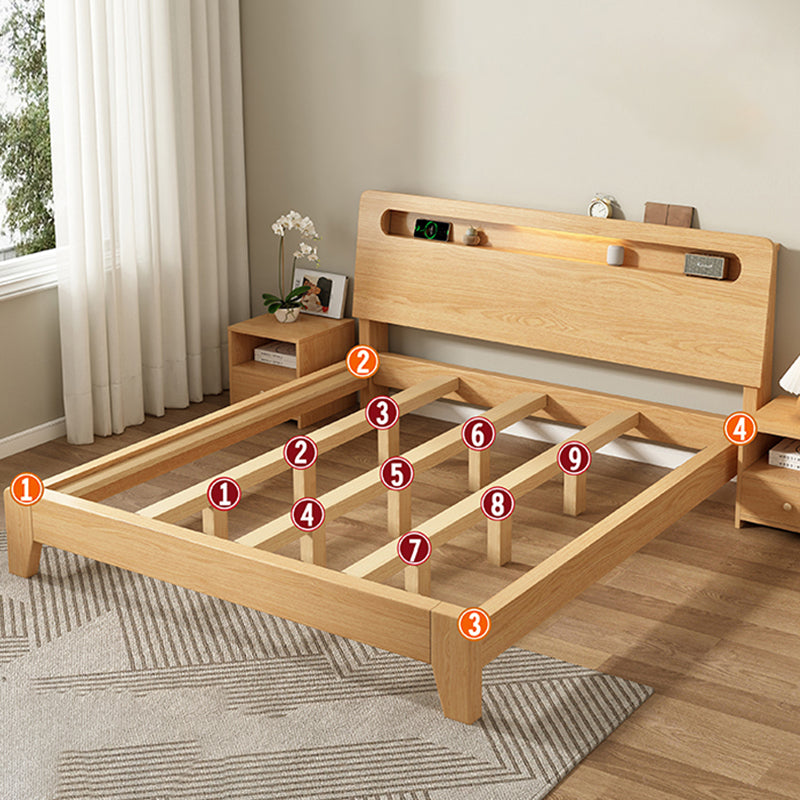 Natural Solid Wood Panel Bed with Headboard Standard Bed with Shelves