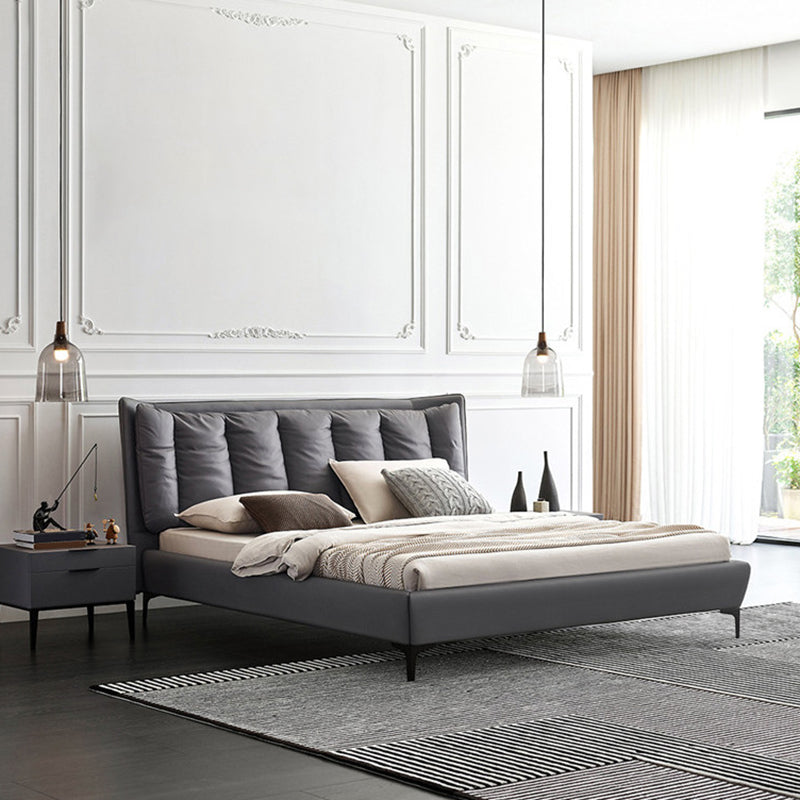 Solid Wood Panel Bed with Upholstered Headboard Gray Standard Bed