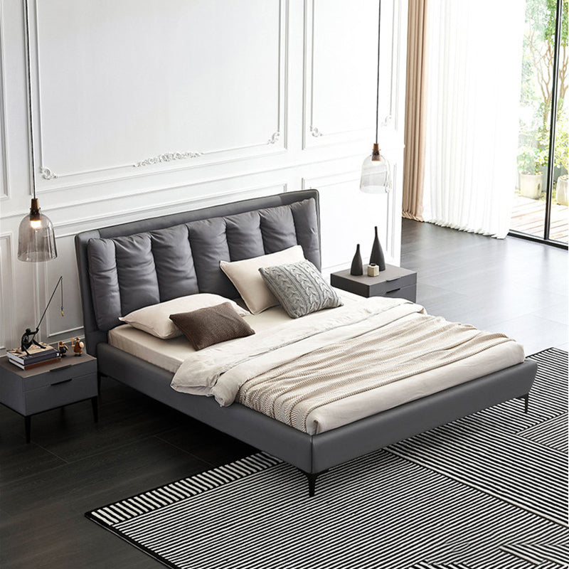 Solid Wood Panel Bed with Upholstered Headboard Gray Standard Bed