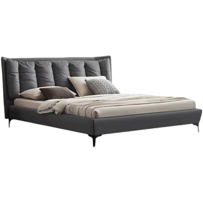 Solid Wood Panel Bed with Upholstered Headboard Gray Standard Bed