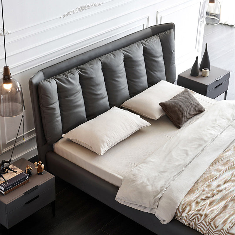 Solid Wood Panel Bed with Upholstered Headboard Gray Standard Bed