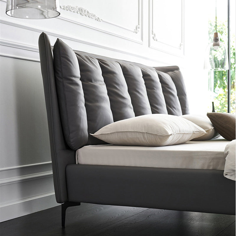 Solid Wood Panel Bed with Upholstered Headboard Gray Standard Bed