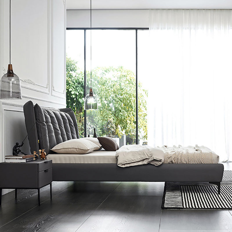 Solid Wood Panel Bed with Upholstered Headboard Gray Standard Bed