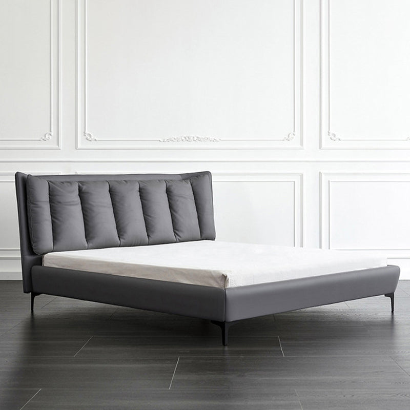 Solid Wood Panel Bed with Upholstered Headboard Gray Standard Bed