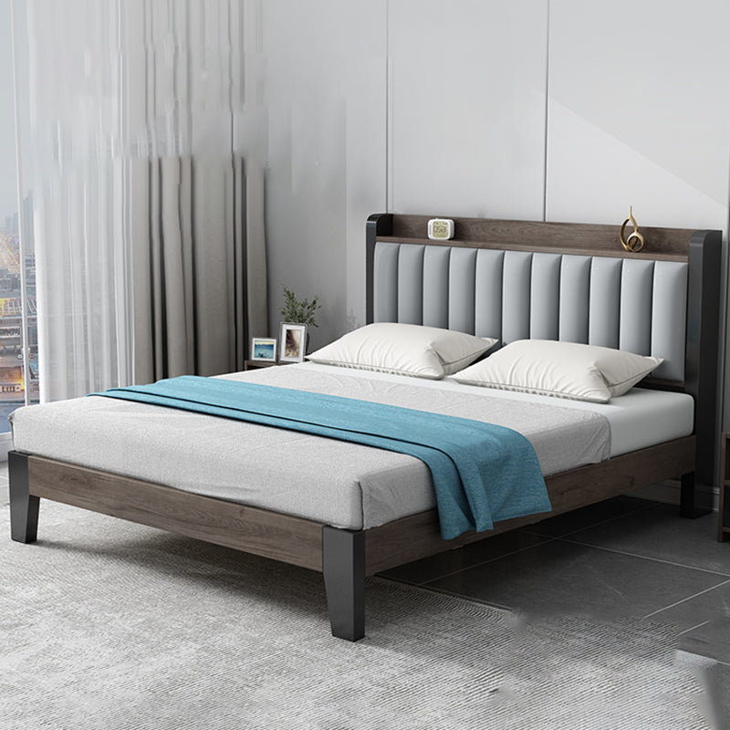 Solid Wood Panel Bed with Upholstered Headboard Standard Bed with Shelves