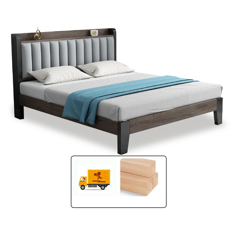 Solid Wood Panel Bed with Upholstered Headboard Standard Bed with Shelves