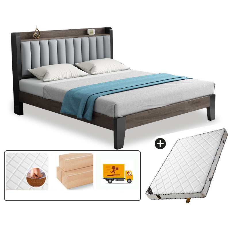 Solid Wood Panel Bed with Upholstered Headboard Standard Bed with Shelves