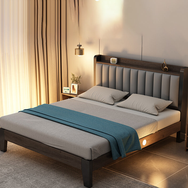 Solid Wood Panel Bed with Upholstered Headboard Standard Bed with Shelves
