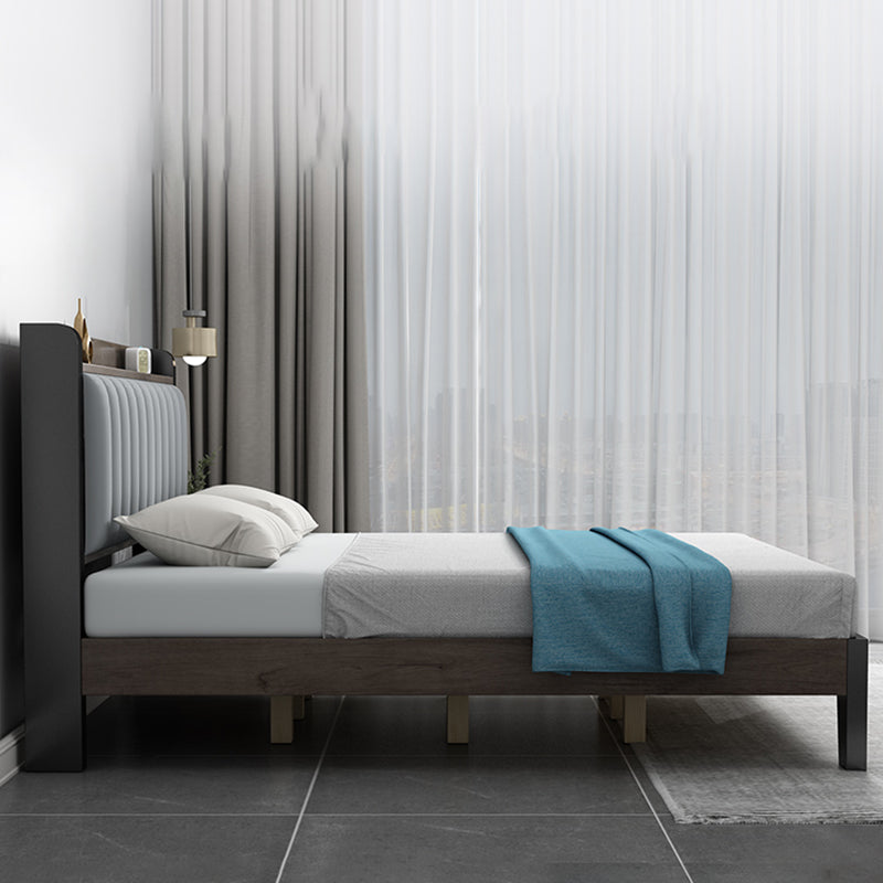 Solid Wood Panel Bed with Upholstered Headboard Standard Bed with Shelves