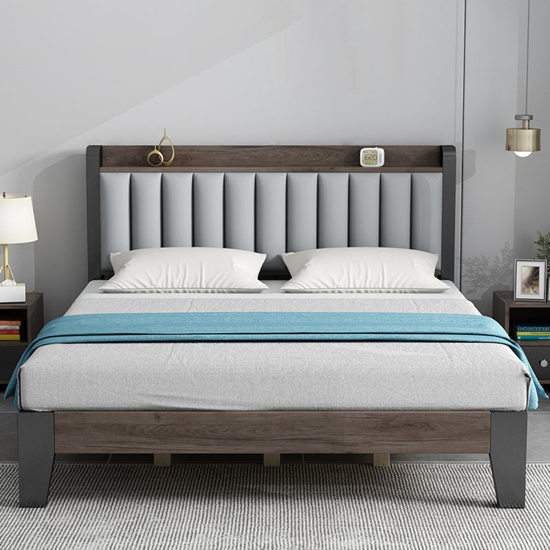 Solid Wood Panel Bed with Upholstered Headboard Standard Bed with Shelves