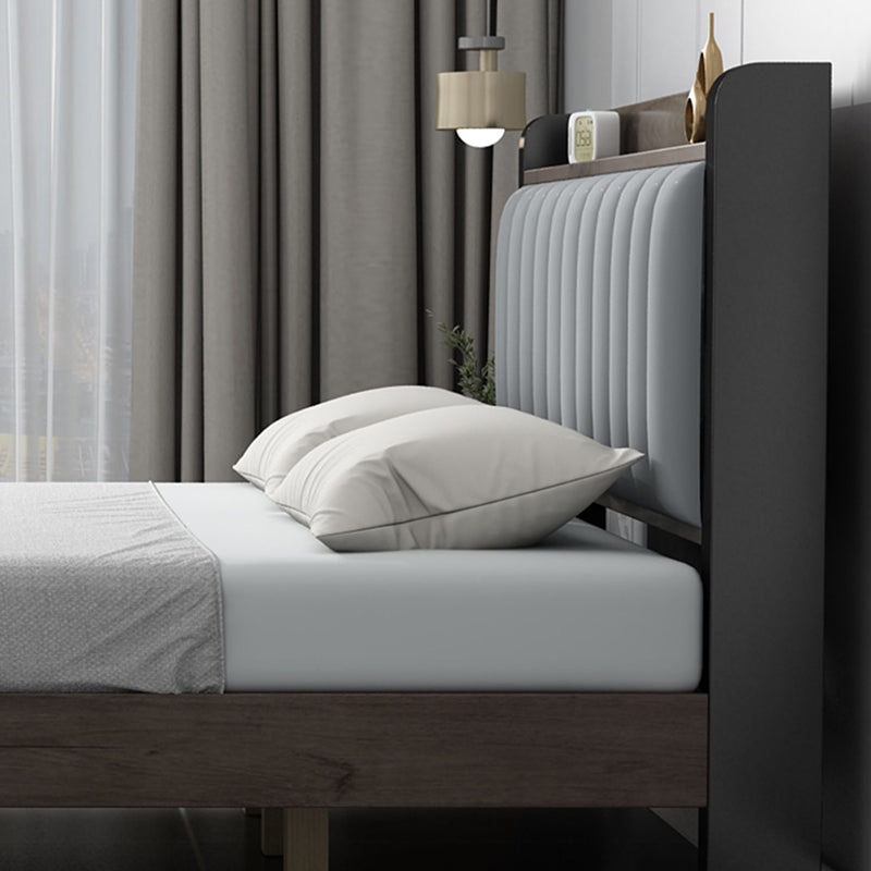 Solid Wood Panel Bed with Upholstered Headboard Standard Bed with Shelves