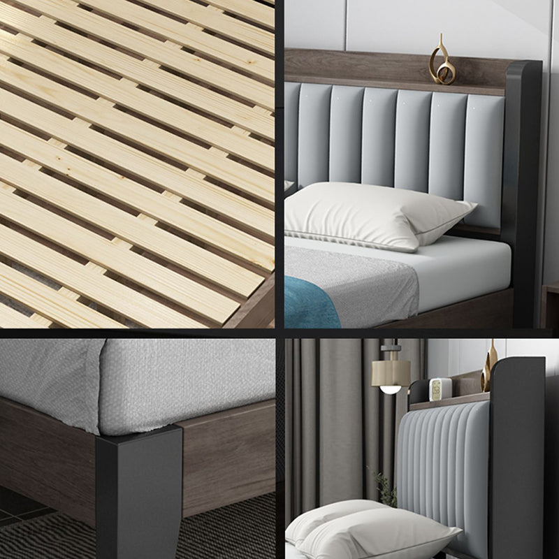 Solid Wood Panel Bed with Upholstered Headboard Standard Bed with Shelves