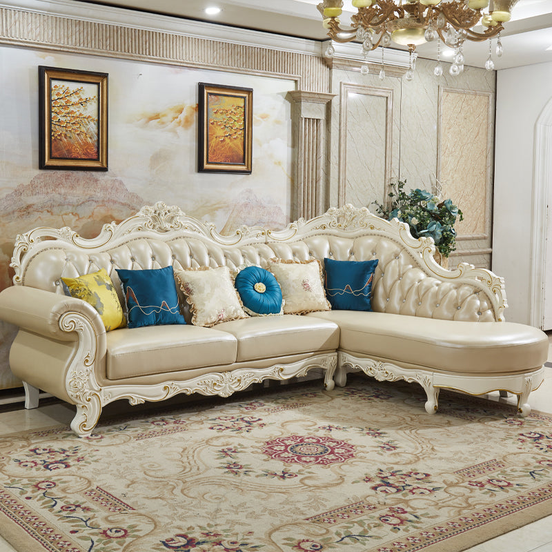 Rustic Champagne Leather Sectional Flared Arm Sectional with Pillows