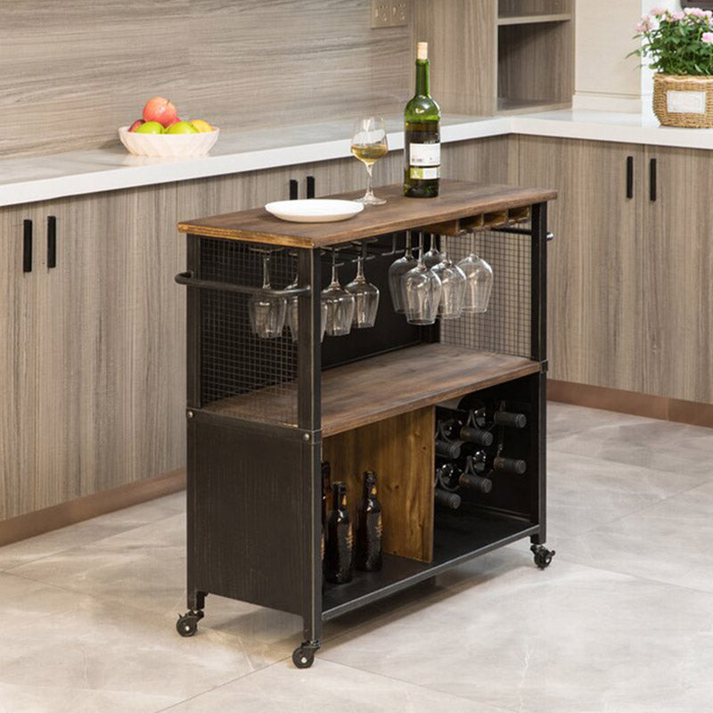 Modern Open Storage Kitchen Trolley Rolling Prep Table with Wine Storage