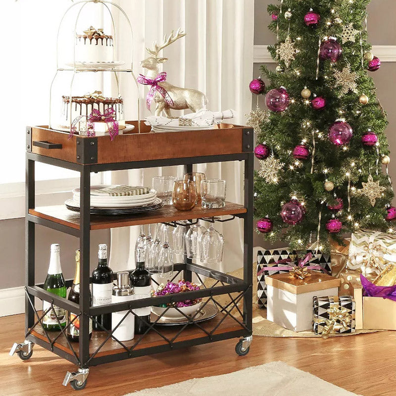 Modern Open Storage Kitchen Trolley Pine Wood Rolling Prep Table