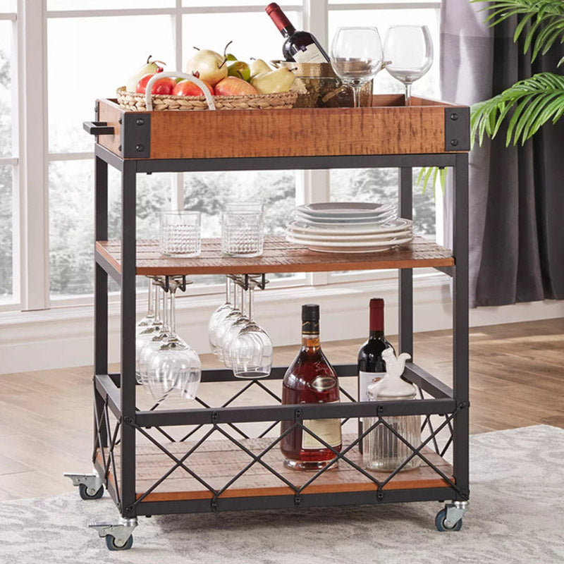 Modern Open Storage Kitchen Trolley Pine Wood Rolling Prep Table