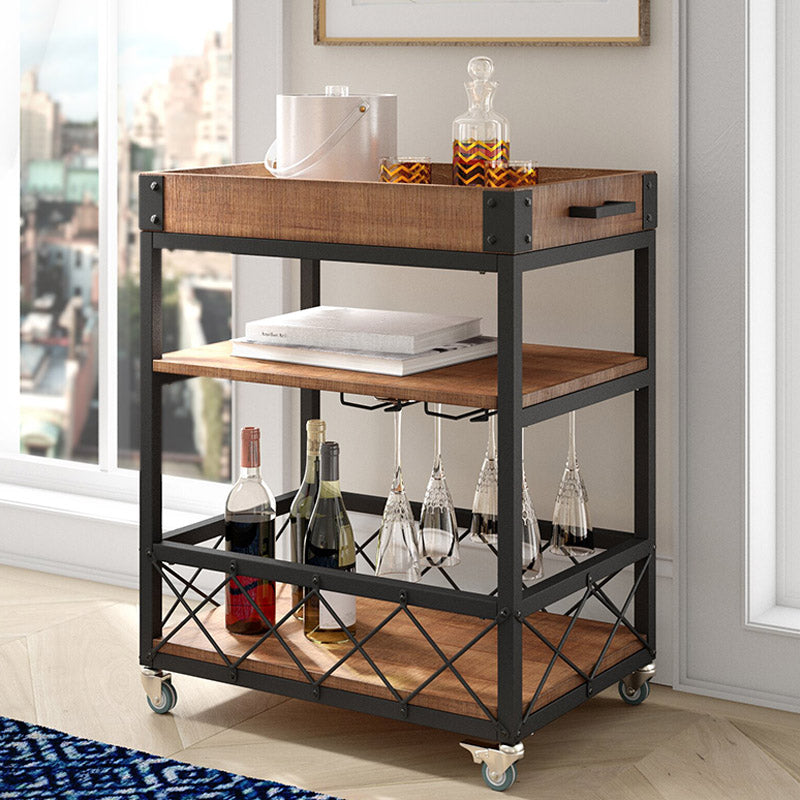 Modern Open Storage Kitchen Trolley Pine Wood Rolling Prep Table